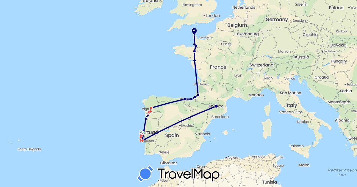 TravelMap itinerary: driving, bus, hiking in Andorra, Spain, France, Portugal (Europe)